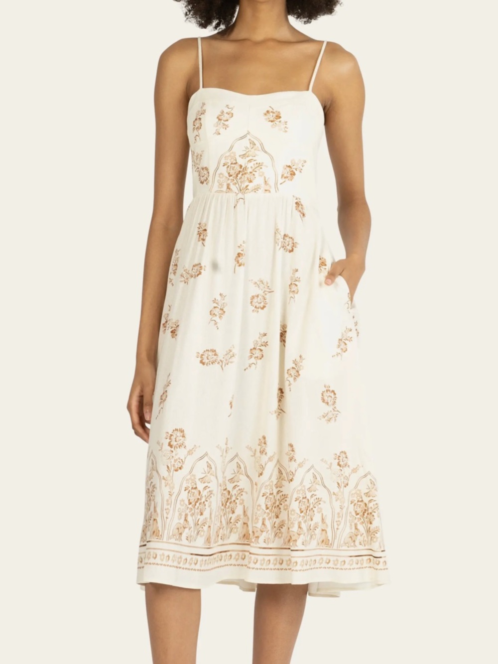 Linen blend Dress Cream Floral Midi Sundress Embroidered Boho Classic Fairy-core